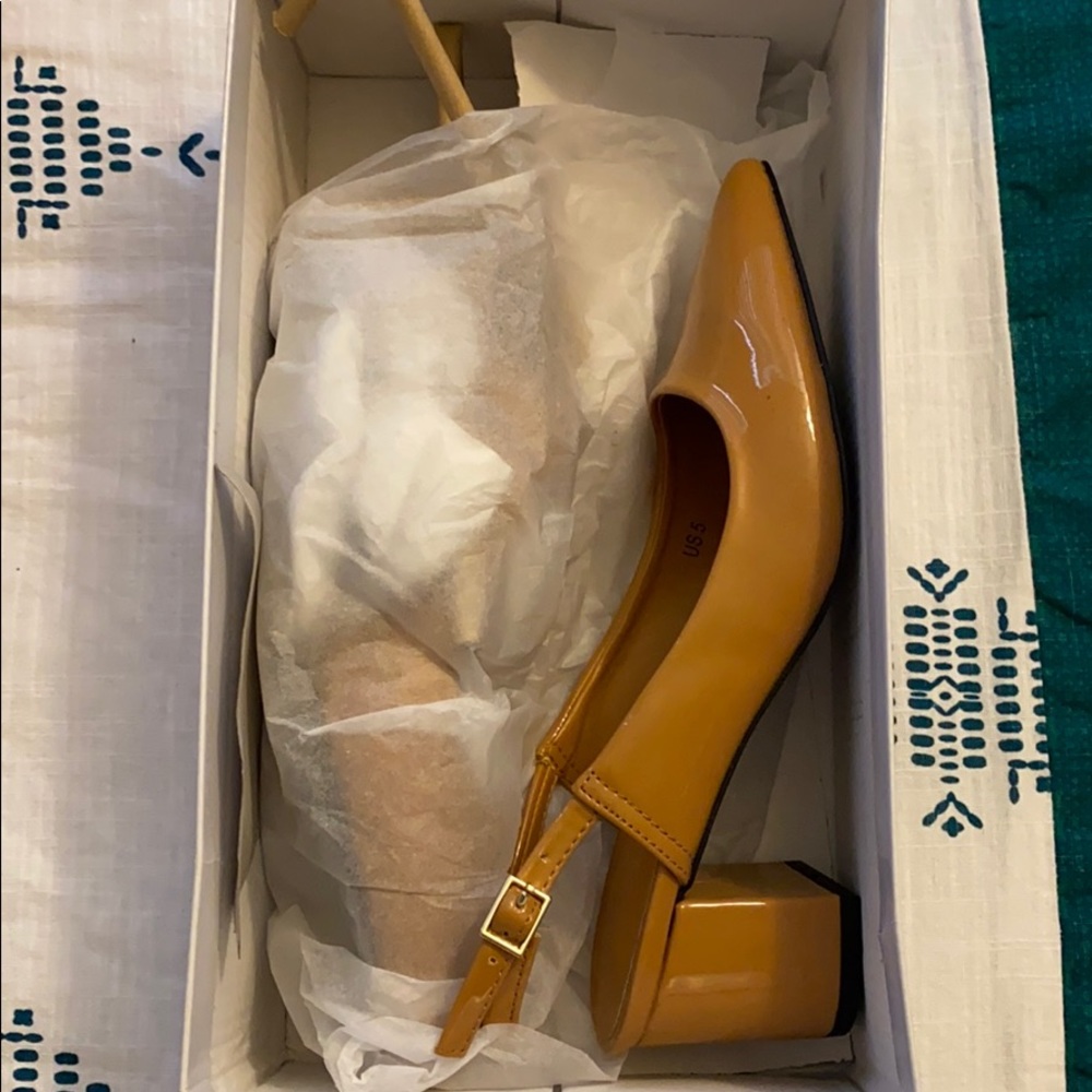 Camel sling back low block heels